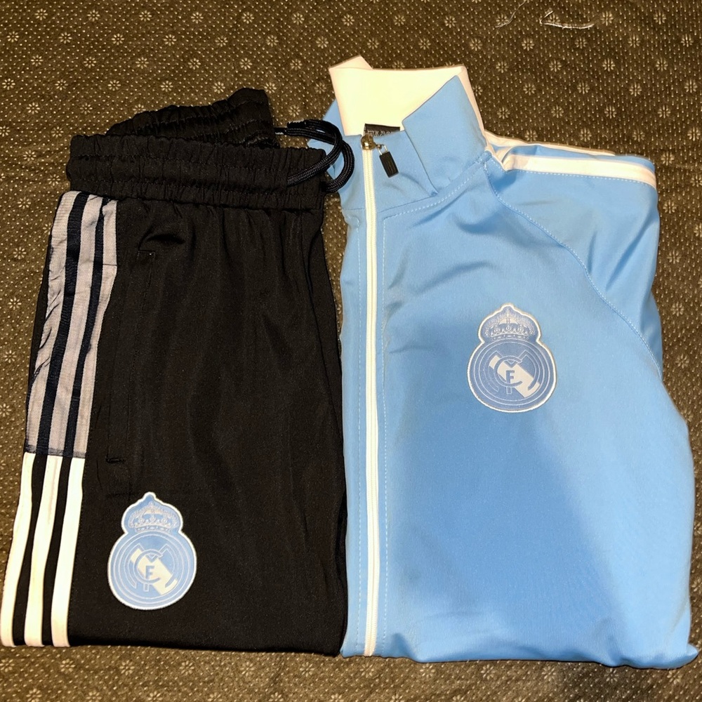 Blue adidas pants and zip up set, adidas x real madrid